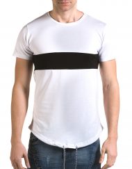 Мъжка бяла издължена тениска с черна лента