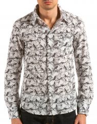Мъжка бяла риза с черни птици и клони