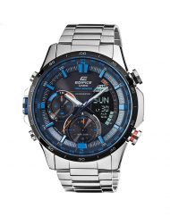 Мъжки часовник Casio Edifice сребрист браслет с оранжев бутон и син циферблат