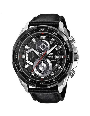 Мъжки часовник Casio Edifice сребристо-черен с каишка от естествена кожа