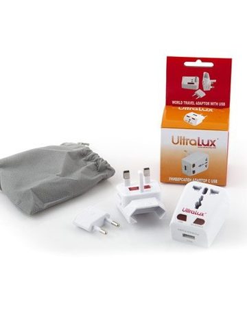 USB Charger, Ultralux, Universal World Travel, USB, 1A, преходници за цял свят, Бял (20450)