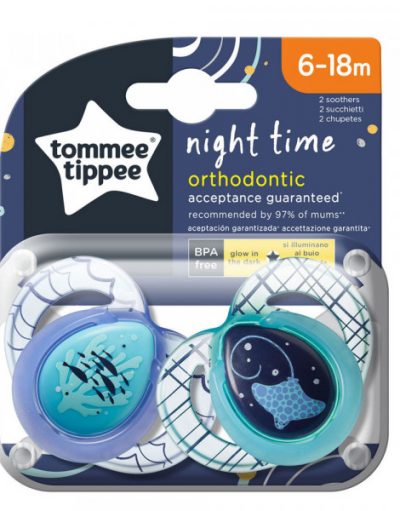 TOMMEE TIPPEE Ортодонтични залъгалки 6-18 м. NIGHT РИБА/КОТКА TT.0086.002